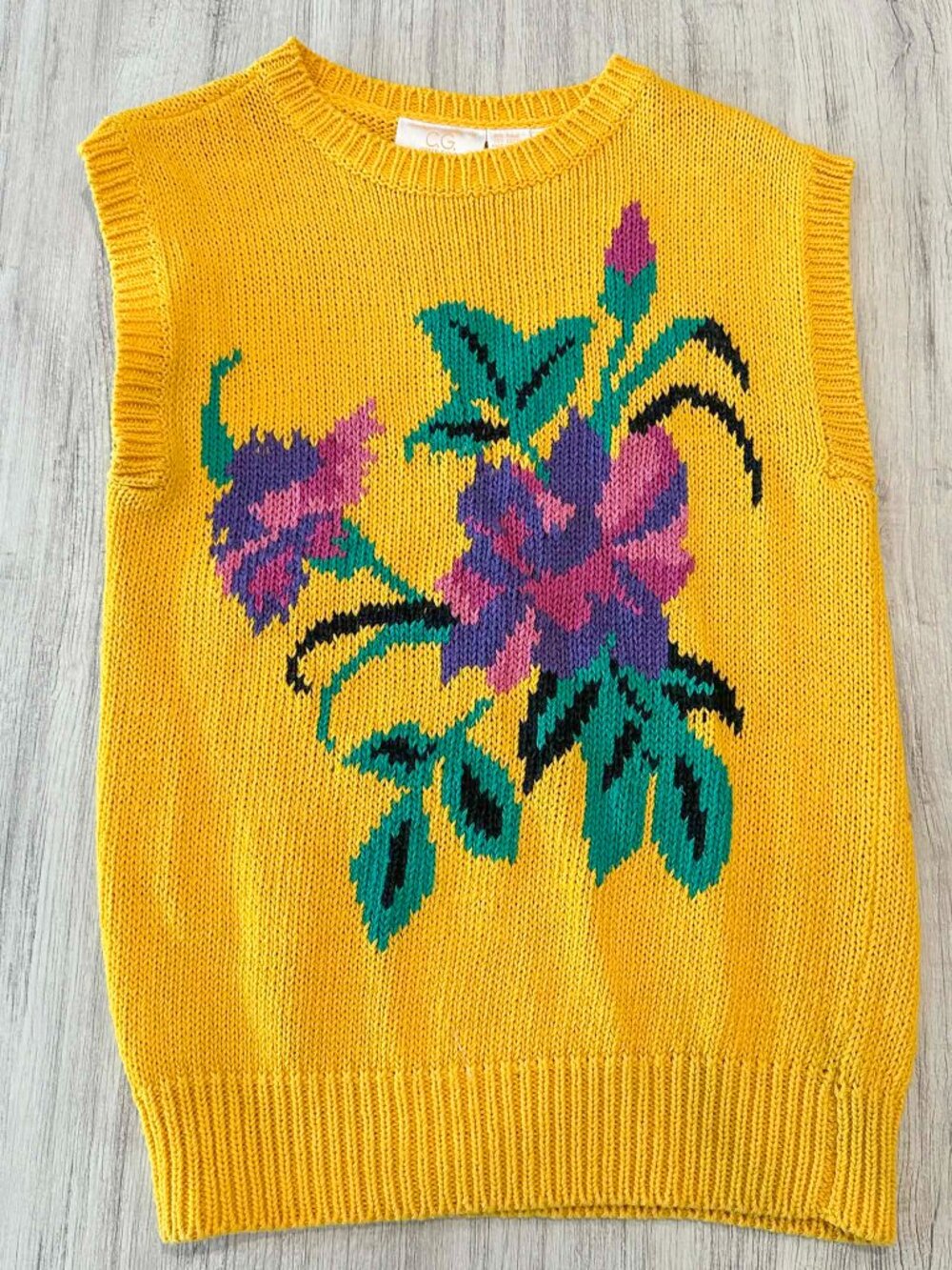 Vintage Floral Yellow Career Guild Sleeveless Sweater Size Medium